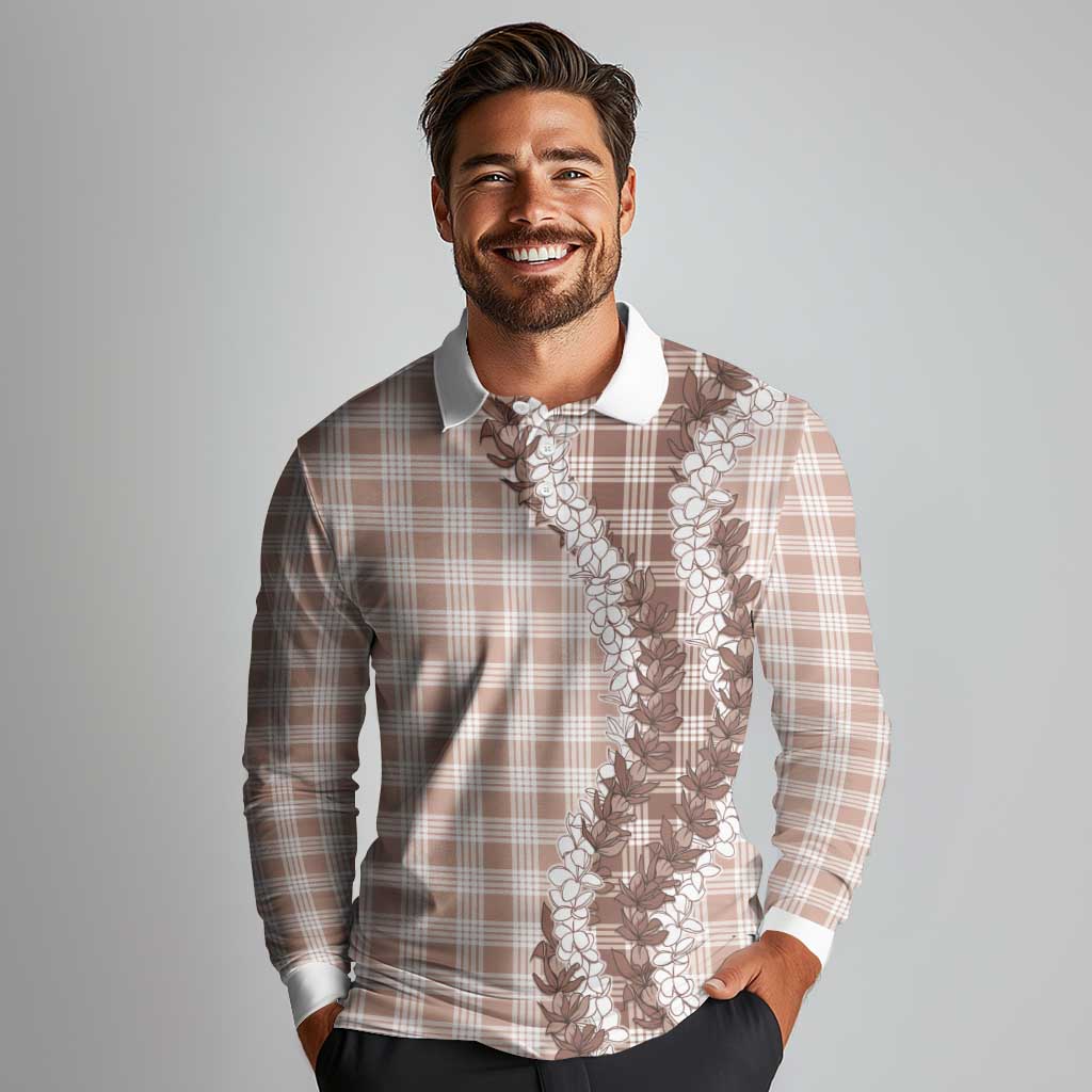 Beige Hawaii Palaka Long Sleeve Polo Shirt Hawaiian Honohono Lei