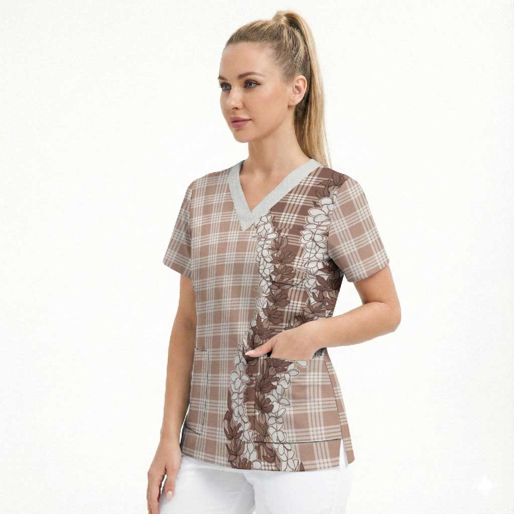 Beige Hawaii Palaka Scrub Top Hawaiian Honohono Lei