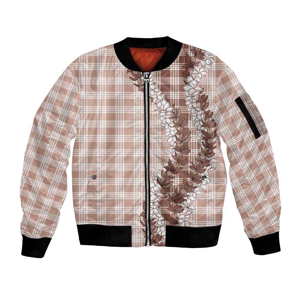Beige Hawaii Palaka Sleeve Zip Bomber Jacket Hawaiian Honohono Lei