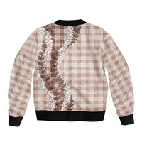 Beige Hawaii Palaka Sleeve Zip Bomber Jacket Hawaiian Honohono Lei