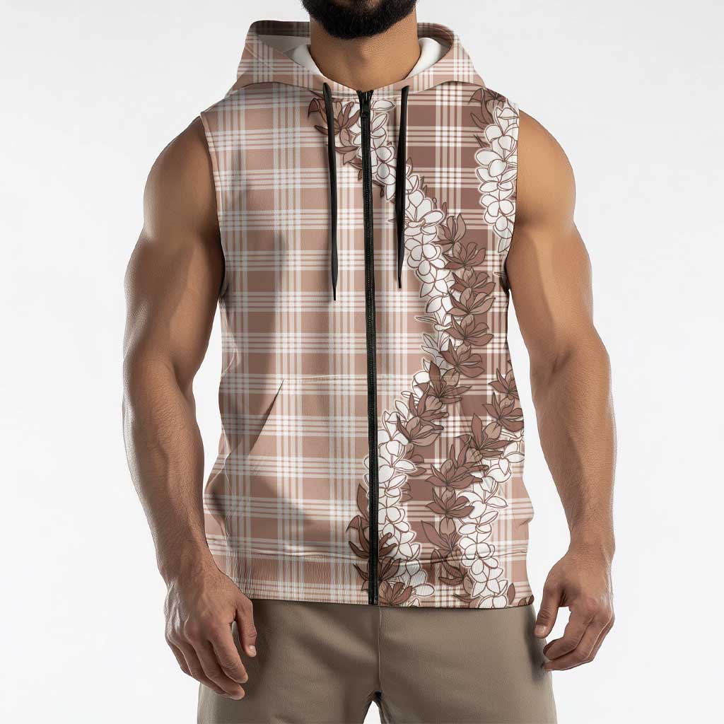 Beige Hawaii Palaka Sleeveless Zip Hoodie Hawaiian Honohono Lei