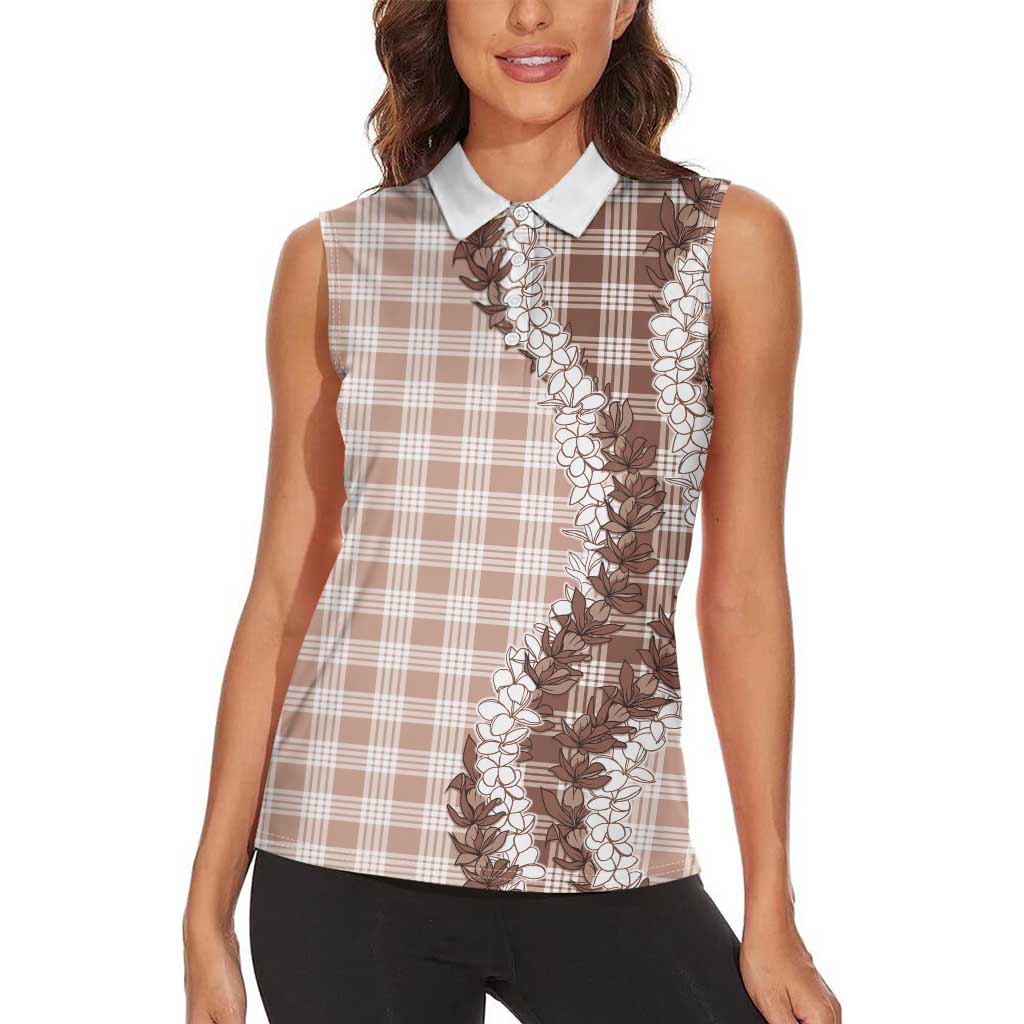 Beige Hawaii Palaka Women Sleeveless Polo Shirt Hawaiian Honohono Lei