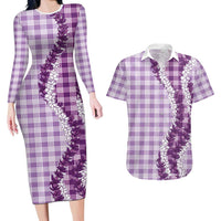 Violet Hawaii Palaka Couples Matching Long Sleeve Bodycon Dress and Hawaiian Shirt Hawaiian Honohono Lei LT05 Violet - Polynesian Pride