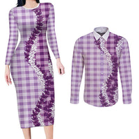 Violet Hawaii Palaka Couples Matching Long Sleeve Bodycon Dress and Long Sleeve Button Shirt Hawaiian Honohono Lei