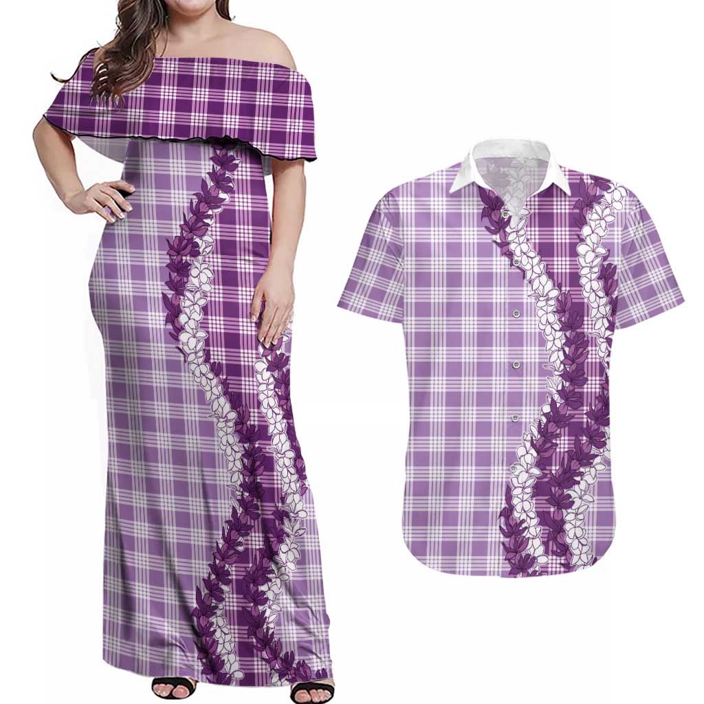 Violet Hawaii Palaka Couples Matching Off Shoulder Maxi Dress and Hawaiian Shirt Hawaiian Honohono Lei