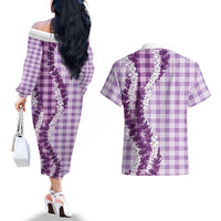 Violet Hawaii Palaka Couples Matching Off The Shoulder Long Sleeve Dress and Hawaiian Shirt Hawaiian Honohono Lei LT05 - Polynesian Pride
