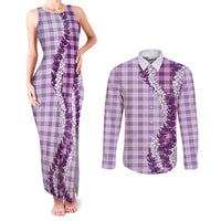 Violet Hawaii Palaka Couples Matching Tank Maxi Dress and Long Sleeve Button Shirt Hawaiian Honohono Lei