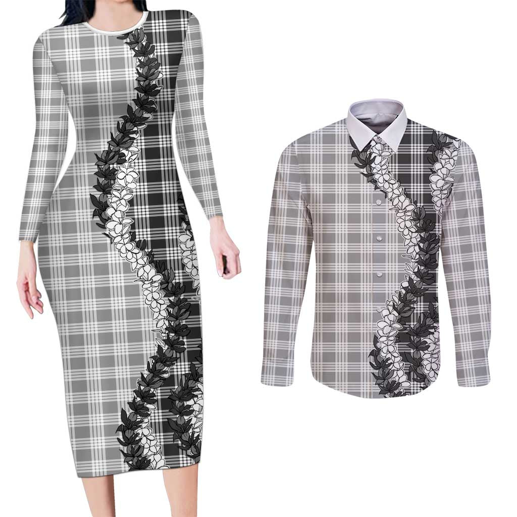 Gray Hawaii Palaka Couples Matching Long Sleeve Bodycon Dress and Long Sleeve Button Shirt Hawaiian Honohono Lei LT05 Gray - Polynesian Pride