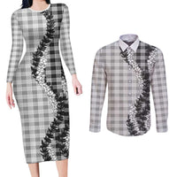 Gray Hawaii Palaka Couples Matching Long Sleeve Bodycon Dress and Long Sleeve Button Shirt Hawaiian Honohono Lei LT05 Gray - Polynesian Pride