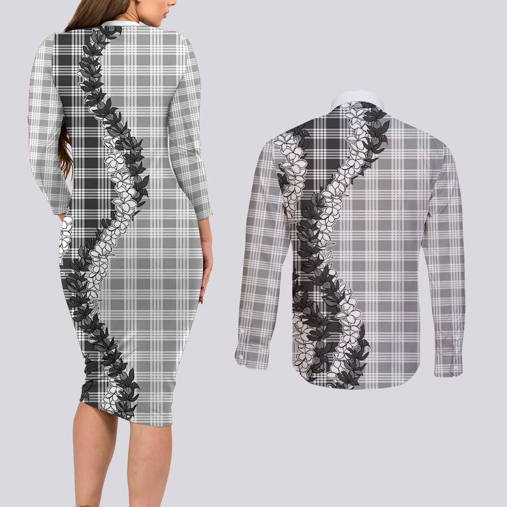 Gray Hawaii Palaka Couples Matching Long Sleeve Bodycon Dress and Long Sleeve Button Shirt Hawaiian Honohono Lei LT05 - Polynesian Pride