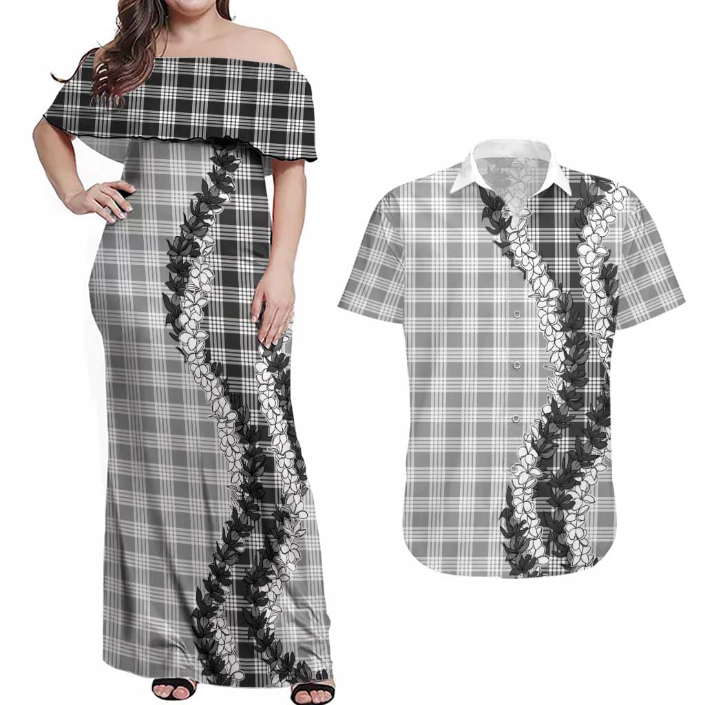 Gray Hawaii Palaka Couples Matching Off Shoulder Maxi Dress and Hawaiian Shirt Hawaiian Honohono Lei LT05 Gray - Polynesian Pride