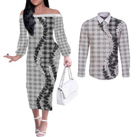 Gray Hawaii Palaka Couples Matching Off The Shoulder Long Sleeve Dress and Long Sleeve Button Shirt Hawaiian Honohono Lei LT05 Gray - Polynesian Pride