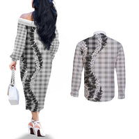 Gray Hawaii Palaka Couples Matching Off The Shoulder Long Sleeve Dress and Long Sleeve Button Shirt Hawaiian Honohono Lei LT05 - Polynesian Pride