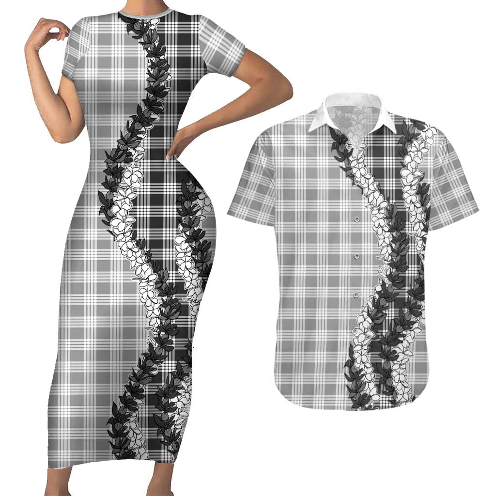 Gray Hawaii Palaka Couples Matching Short Sleeve Bodycon Dress and Hawaiian Shirt Hawaiian Honohono Lei LT05 Gray - Polynesian Pride