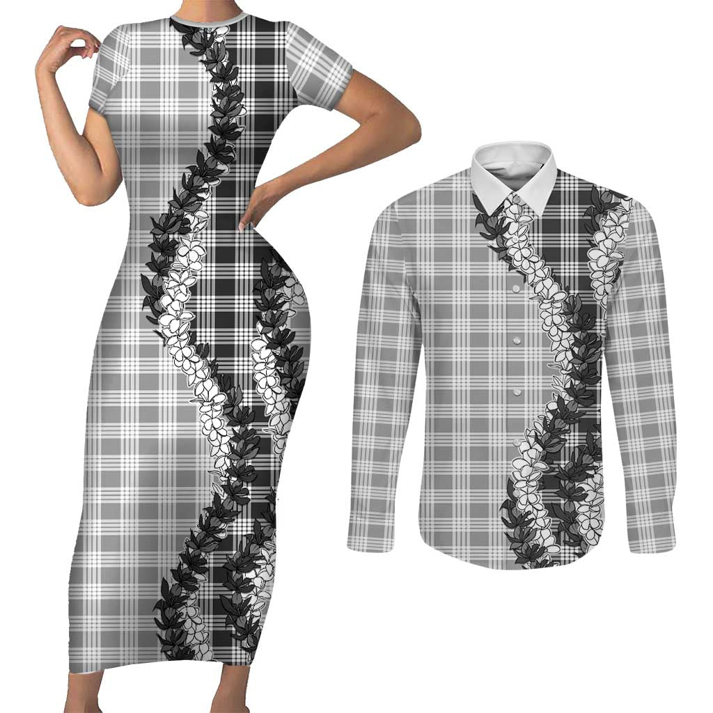 Gray Hawaii Palaka Couples Matching Short Sleeve Bodycon Dress and Long Sleeve Button Shirt Hawaiian Honohono Lei LT05 Gray - Polynesian Pride