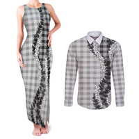 Gray Hawaii Palaka Couples Matching Tank Maxi Dress and Long Sleeve Button Shirt Hawaiian Honohono Lei