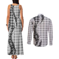 Gray Hawaii Palaka Couples Matching Tank Maxi Dress and Long Sleeve Button Shirt Hawaiian Honohono Lei