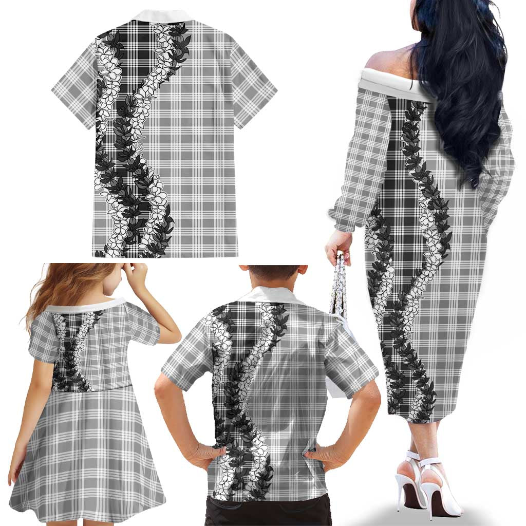 Gray Hawaii Palaka Family Matching Off The Shoulder Long Sleeve Dress and Hawaiian Shirt Hawaiian Honohono Lei LT05 - Polynesian Pride