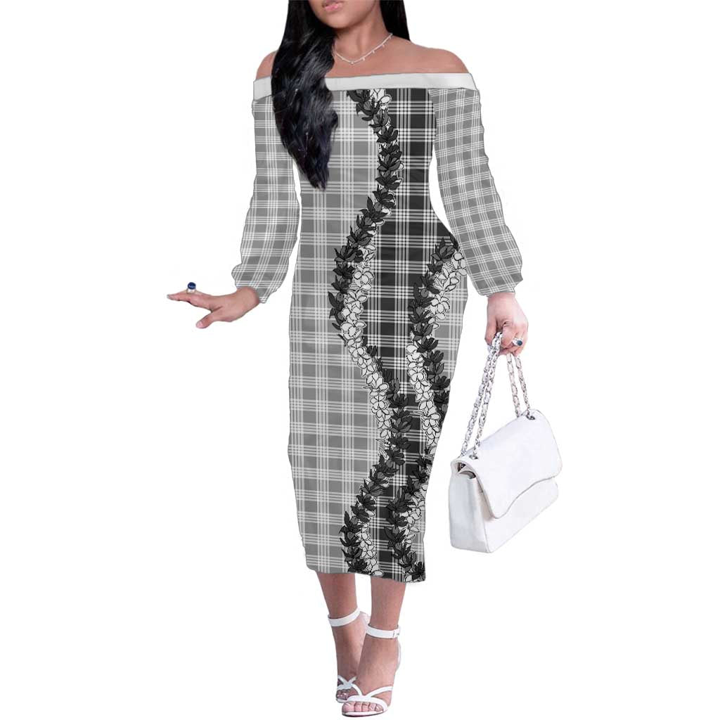 Gray Hawaii Palaka Family Matching Off The Shoulder Long Sleeve Dress and Hawaiian Shirt Hawaiian Honohono Lei LT05 Mom's Dress Gray - Polynesian Pride