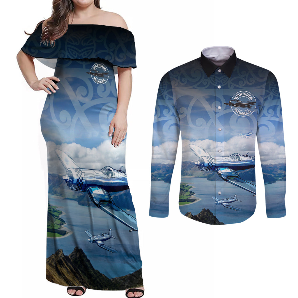 New Zealand Wanaka Air Show Couples Matching Off Shoulder Maxi Dress and Long Sleeve Button Shirt With Maori Pattern