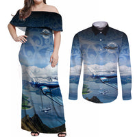 New Zealand Wanaka Air Show Couples Matching Off Shoulder Maxi Dress and Long Sleeve Button Shirt With Maori Pattern