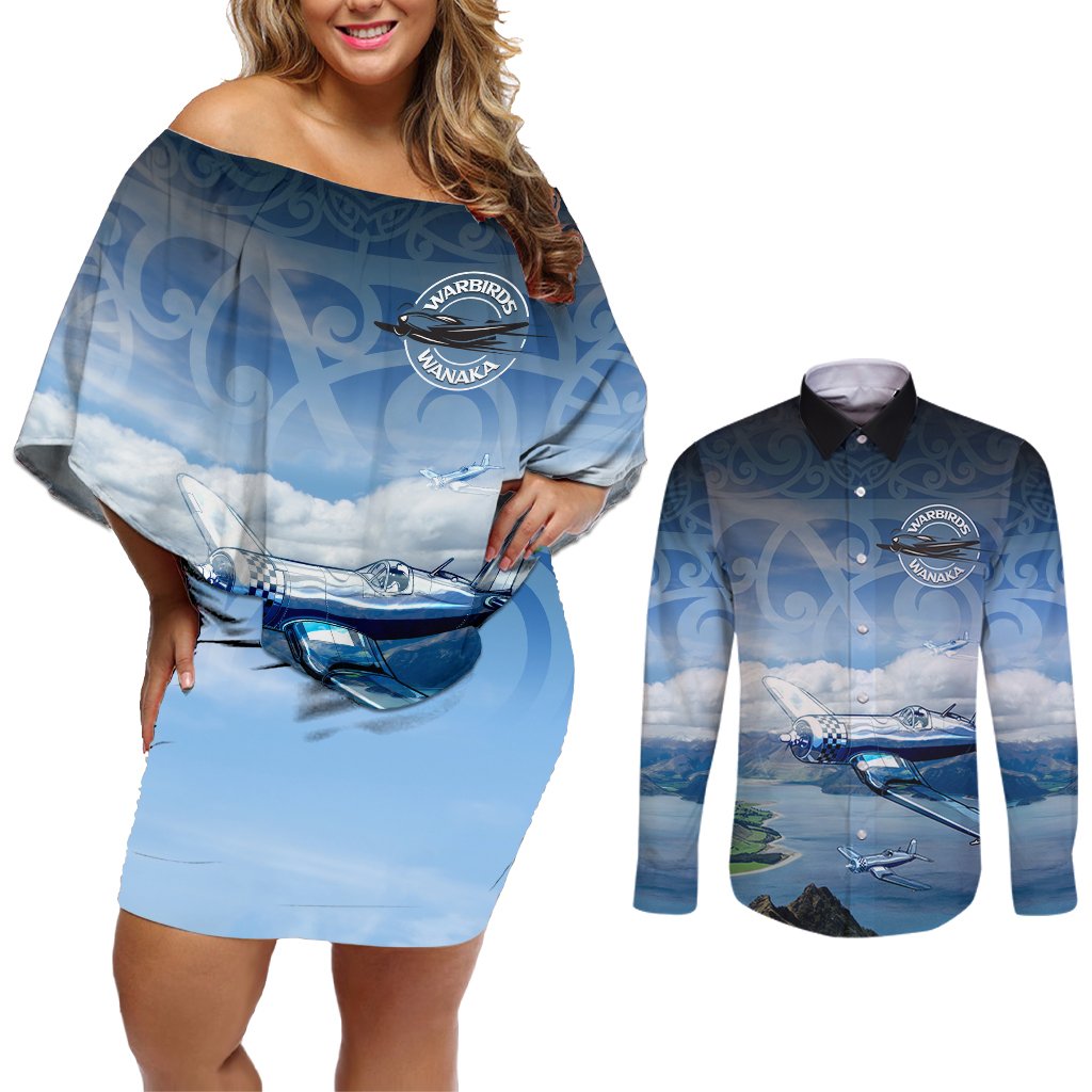 New Zealand Wanaka Air Show Couples Matching Off Shoulder Short Dress and Long Sleeve Button Shirt With Maori Pattern