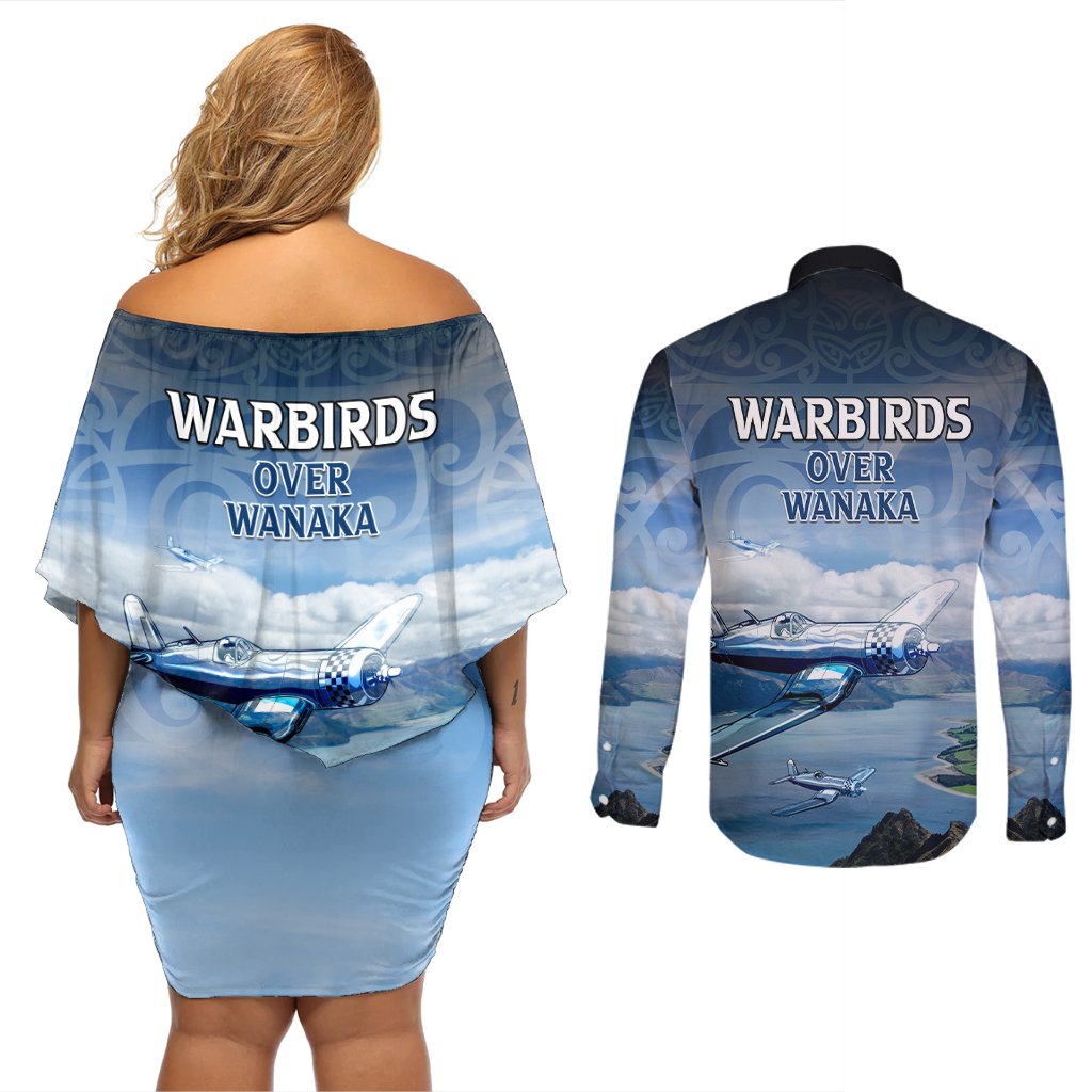 New Zealand Wanaka Air Show Couples Matching Off Shoulder Short Dress and Long Sleeve Button Shirt With Maori Pattern