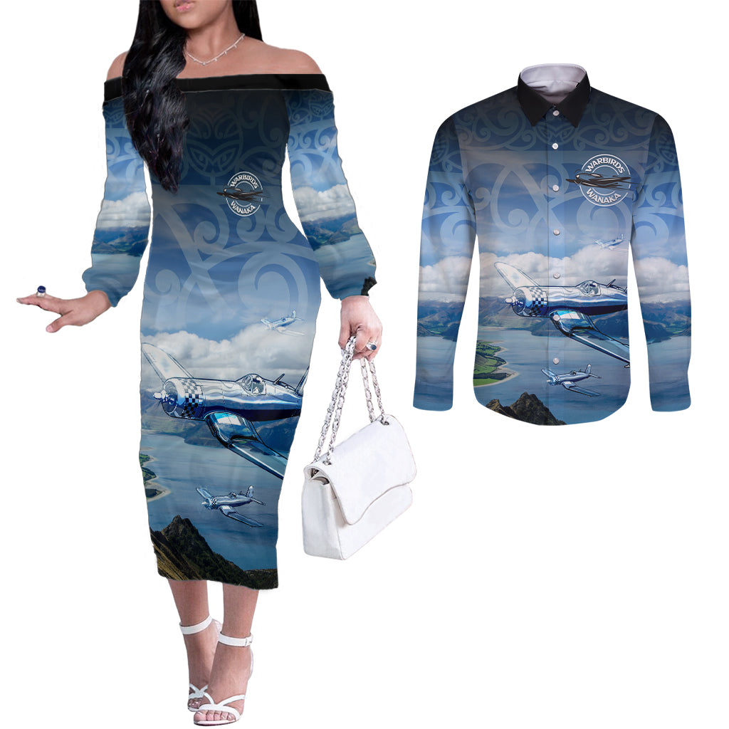 New Zealand Wanaka Air Show Couples Matching Off The Shoulder Long Sleeve Dress and Long Sleeve Button Shirt With Maori Pattern