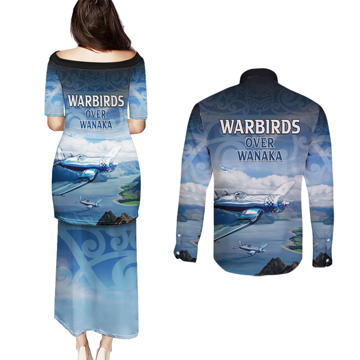 New Zealand Wanaka Air Show Couples Matching Puletasi and Long Sleeve Button Shirt With Maori Pattern