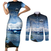 New Zealand Wanaka Air Show Couples Matching Short Sleeve Bodycon Dress and Long Sleeve Button Shirt With Maori Pattern LT05 Blue - Polynesian Pride