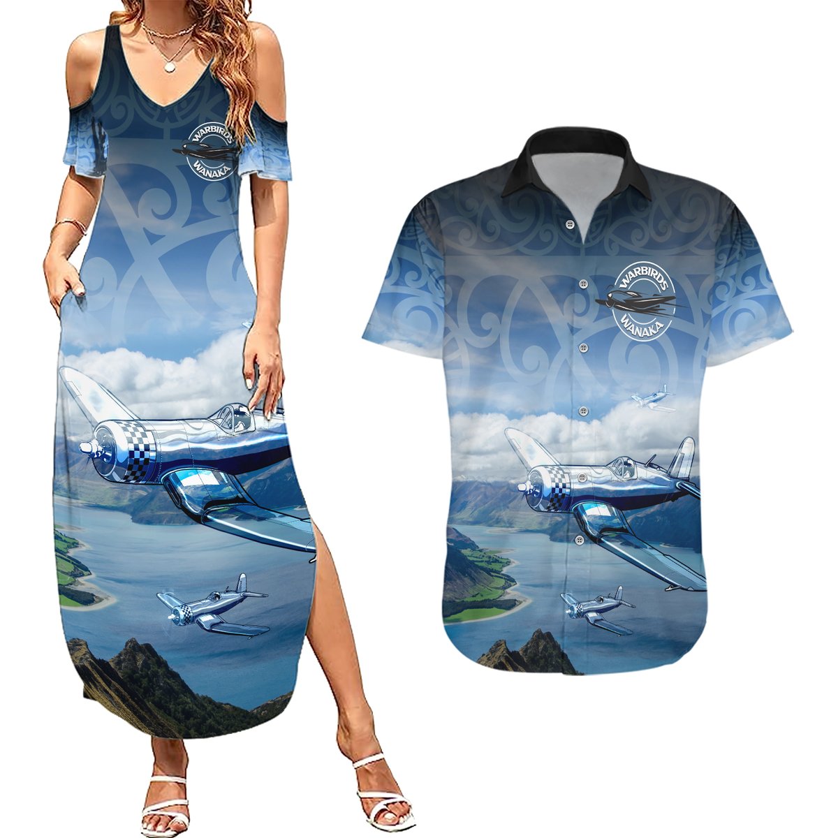 New Zealand Wanaka Air Show Couples Matching Summer Maxi Dress and Hawaiian Shirt With Maori Pattern