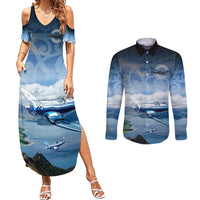 New Zealand Wanaka Air Show Couples Matching Summer Maxi Dress and Long Sleeve Button Shirt With Maori Pattern