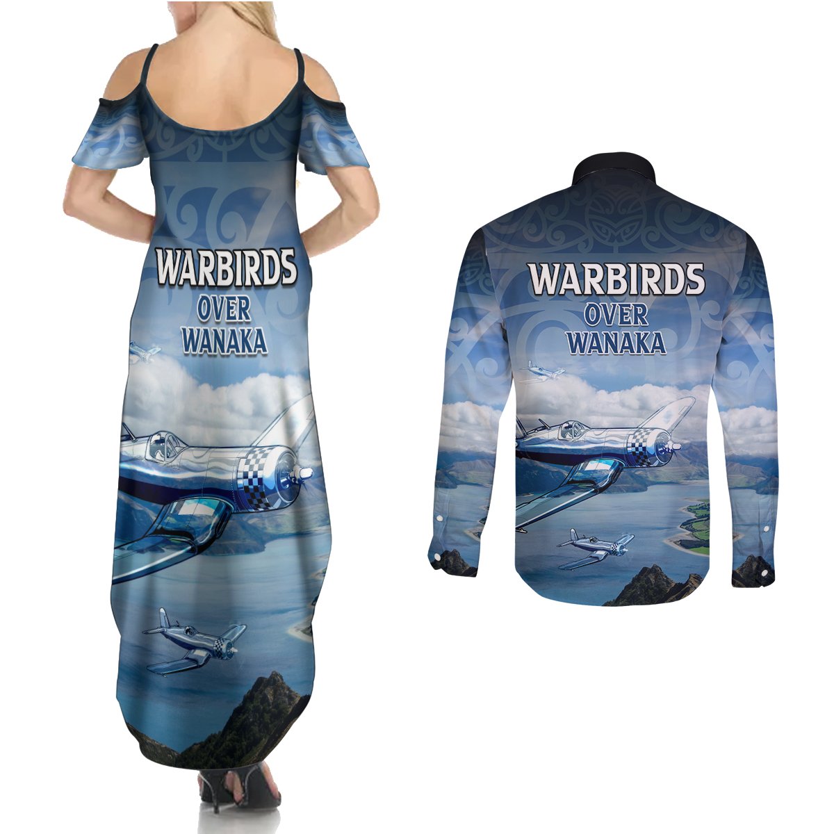 New Zealand Wanaka Air Show Couples Matching Summer Maxi Dress and Long Sleeve Button Shirt With Maori Pattern