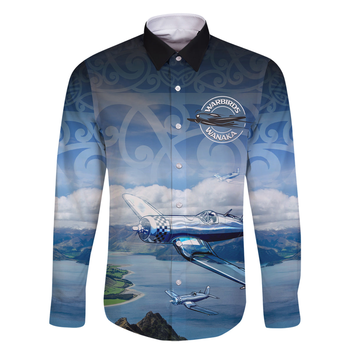 New Zealand Wanaka Air Show Family Matching Long Sleeve Bodycon Dress and Hawaiian Shirt With Maori Pattern LT05 Dad's Shirt - Long Sleeve Blue - Polynesian Pride