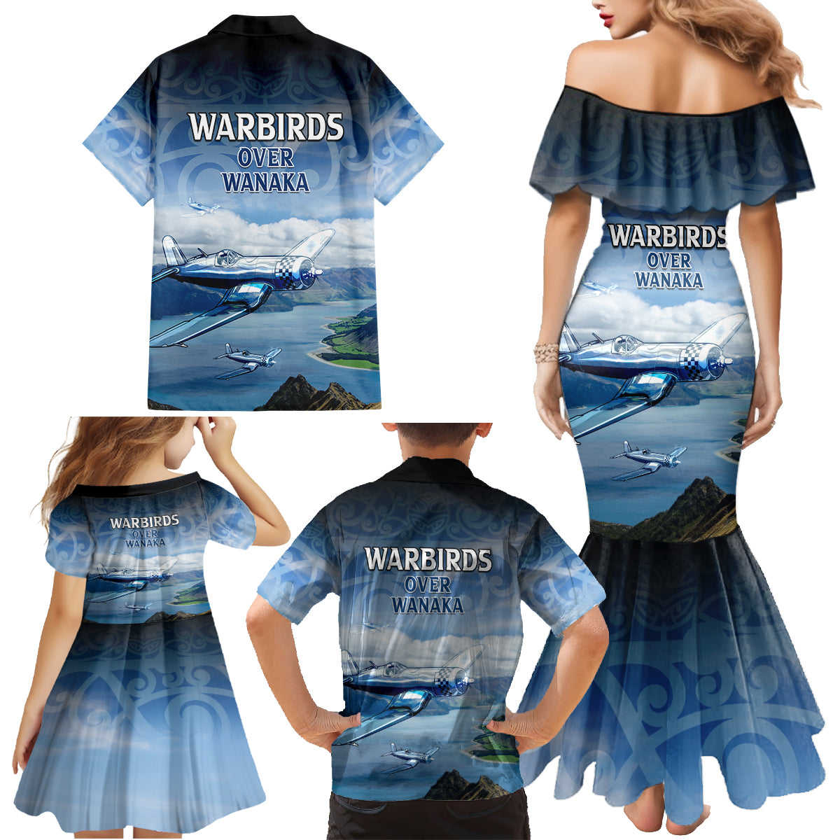 New Zealand Wanaka Air Show Family Matching Mermaid Dress and Hawaiian Shirt With Maori Pattern LT05 - Polynesian Pride