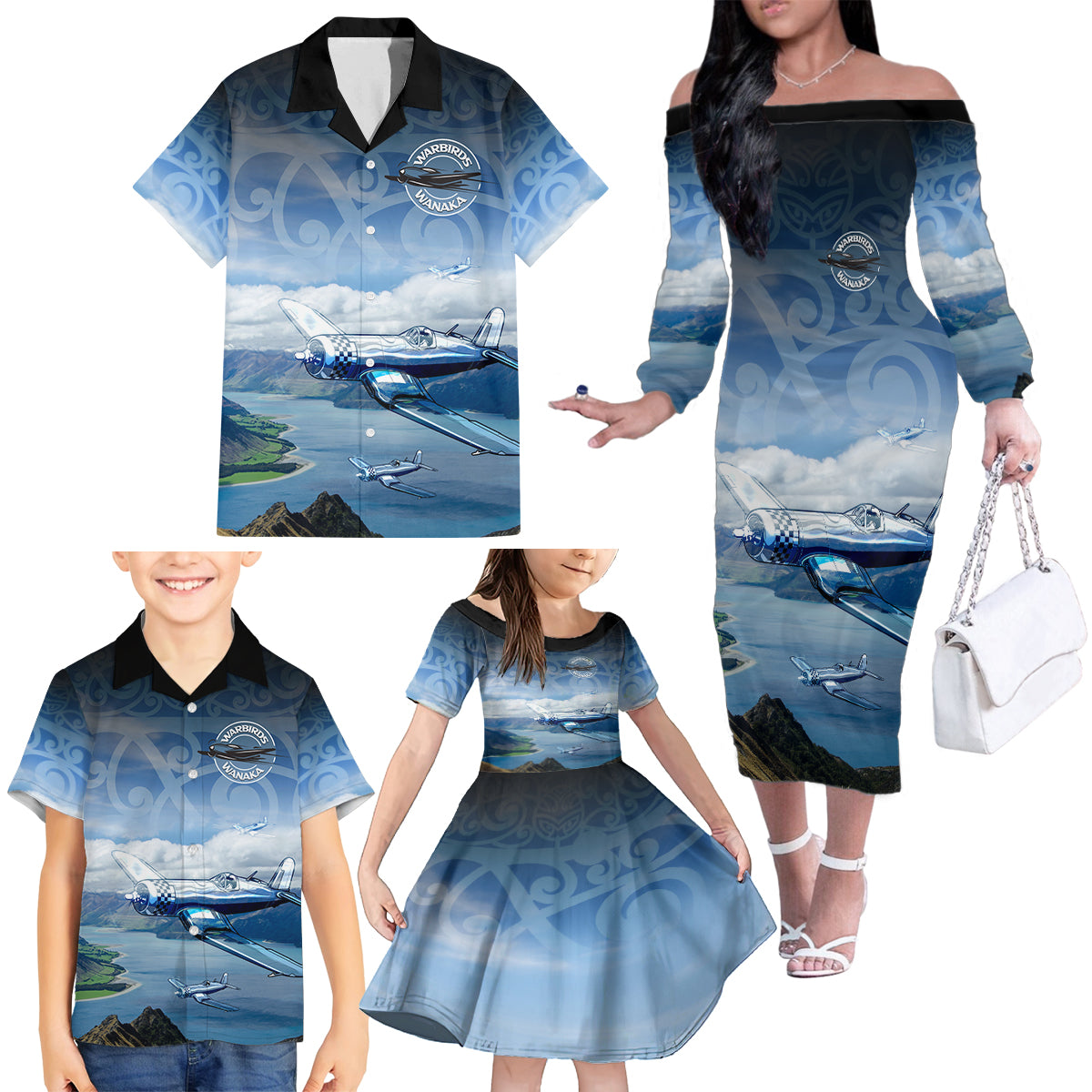 New Zealand Wanaka Air Show Family Matching Off The Shoulder Long Sleeve Dress and Hawaiian Shirt With Maori Pattern LT05 - Polynesian Pride