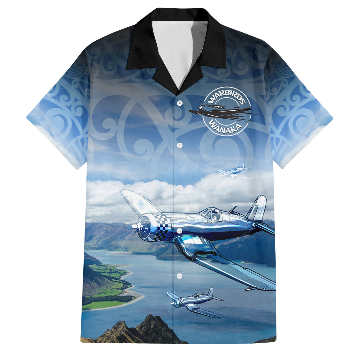 New Zealand Wanaka Air Show Family Matching Off The Shoulder Long Sleeve Dress and Hawaiian Shirt With Maori Pattern LT05 Dad's Shirt - Short Sleeve Blue - Polynesian Pride