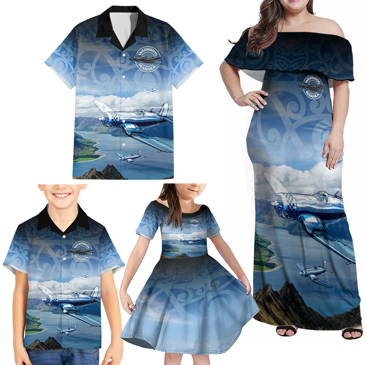 New Zealand Wanaka Air Show Family Matching Off Shoulder Maxi Dress and Hawaiian Shirt With Maori Pattern LT05 - Polynesian Pride