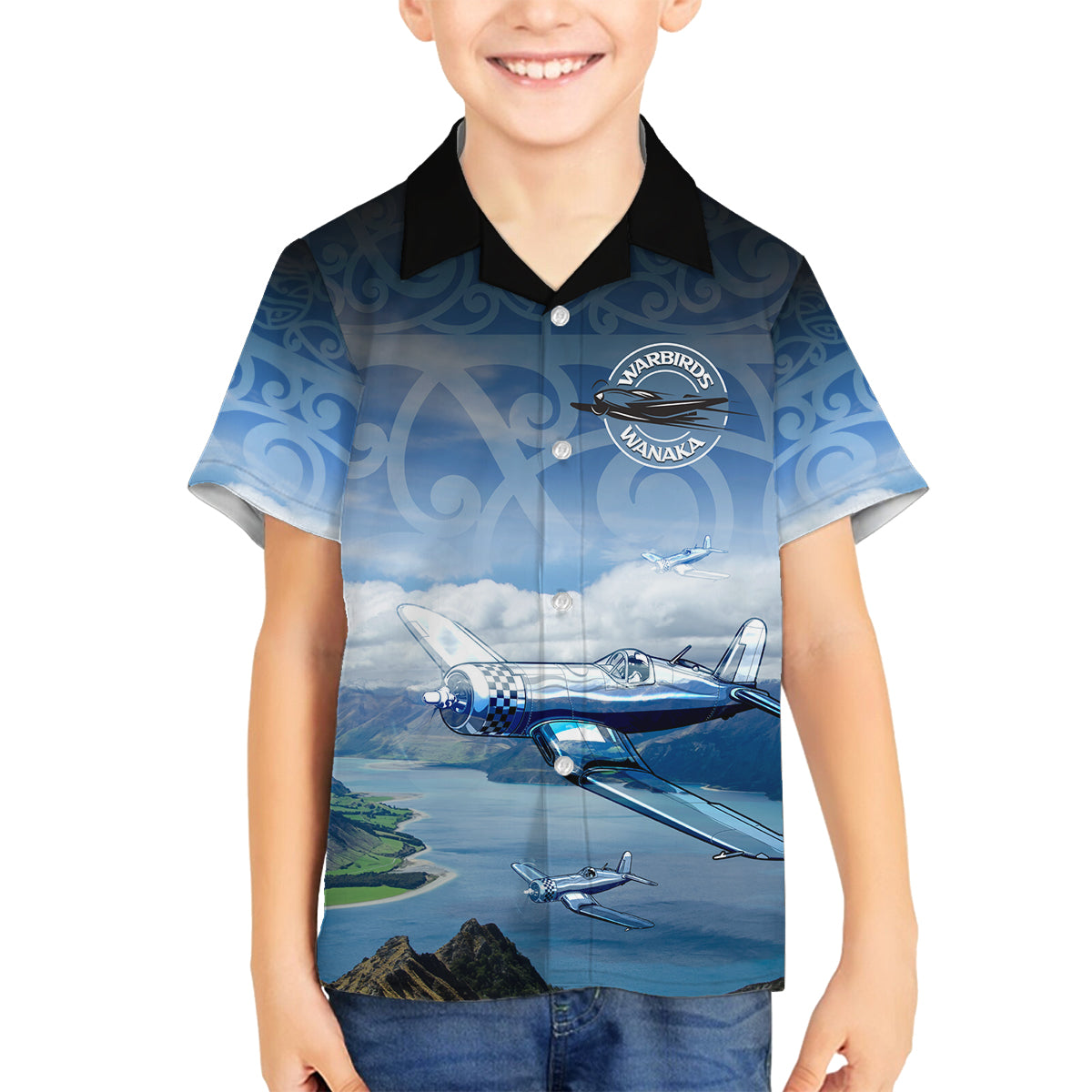 New Zealand Wanaka Air Show Family Matching Off Shoulder Maxi Dress and Hawaiian Shirt With Maori Pattern LT05 Son's Shirt Blue - Polynesian Pride