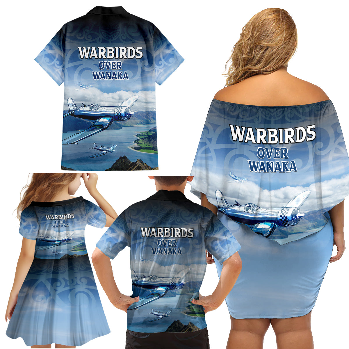 New Zealand Wanaka Air Show Family Matching Off Shoulder Short Dress and Hawaiian Shirt With Maori Pattern LT05 - Polynesian Pride