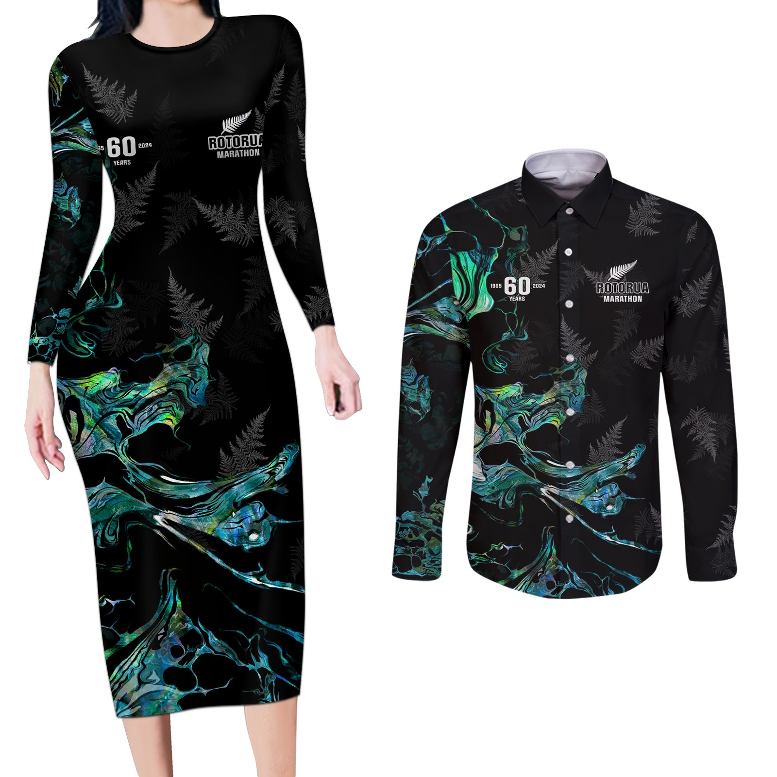 New Zealand Marathon Couples Matching Long Sleeve Bodycon Dress and Long Sleeve Button Shirt Silver Fern Paua Shell Simple Style LT05 Black - Polynesian Pride