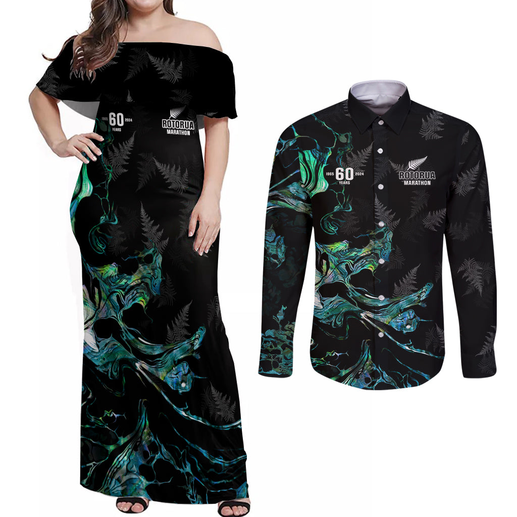 New Zealand Marathon Couples Matching Off Shoulder Maxi Dress and Long Sleeve Button Shirt Silver Fern Paua Shell Simple Style LT05 Black - Polynesian Pride