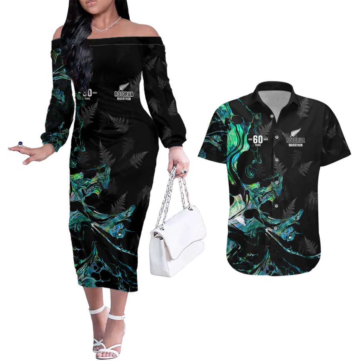 New Zealand Marathon Couples Matching Off The Shoulder Long Sleeve Dress and Hawaiian Shirt Silver Fern Paua Shell Simple Style LT05 Black - Polynesian Pride