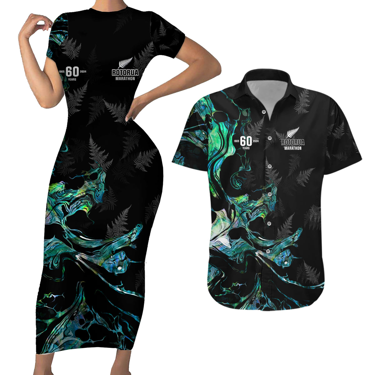 New Zealand Marathon Couples Matching Short Sleeve Bodycon Dress and Hawaiian Shirt Silver Fern Paua Shell Simple Style LT05 Black - Polynesian Pride