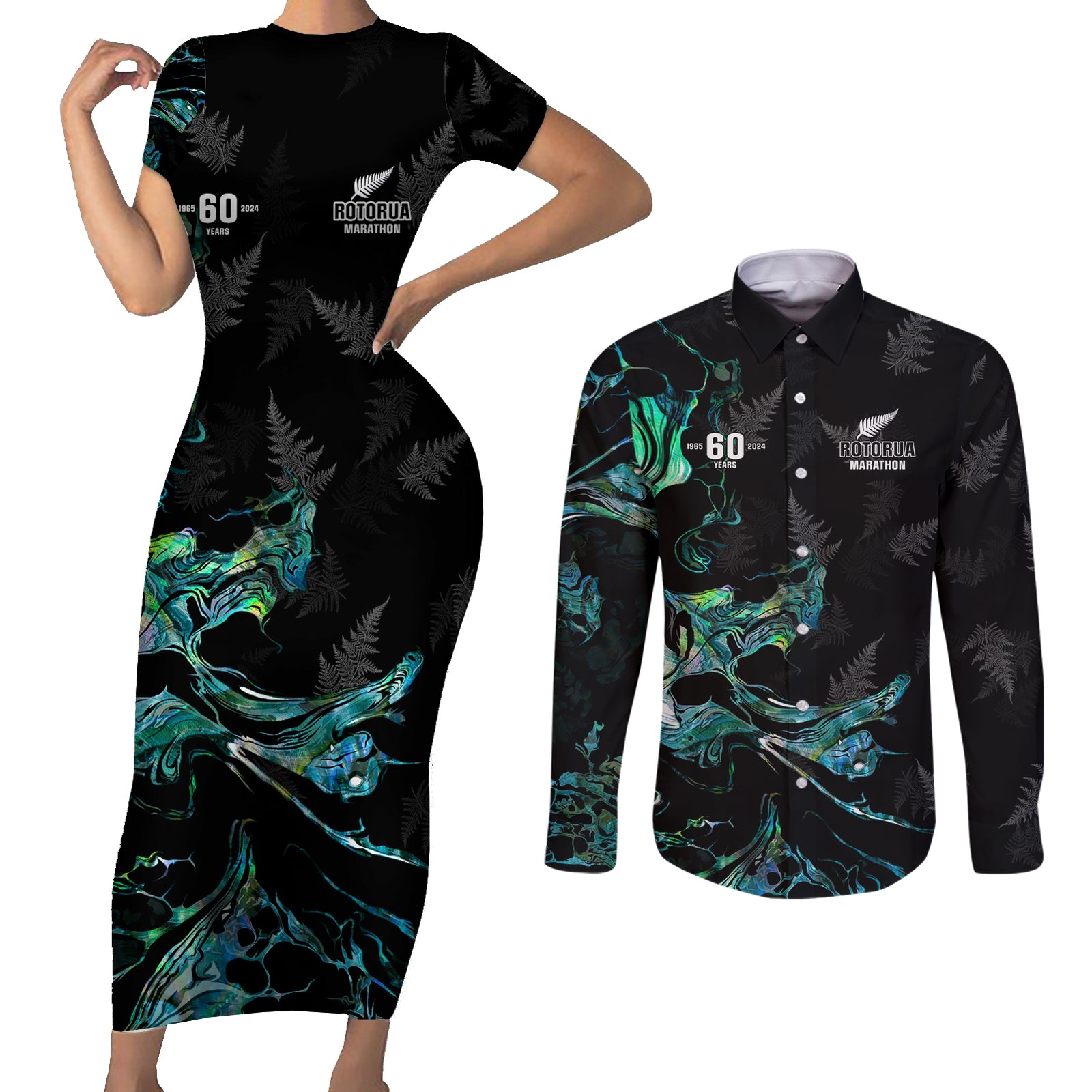 New Zealand Marathon Couples Matching Short Sleeve Bodycon Dress and Long Sleeve Button Shirt Silver Fern Paua Shell Simple Style LT05 Black - Polynesian Pride
