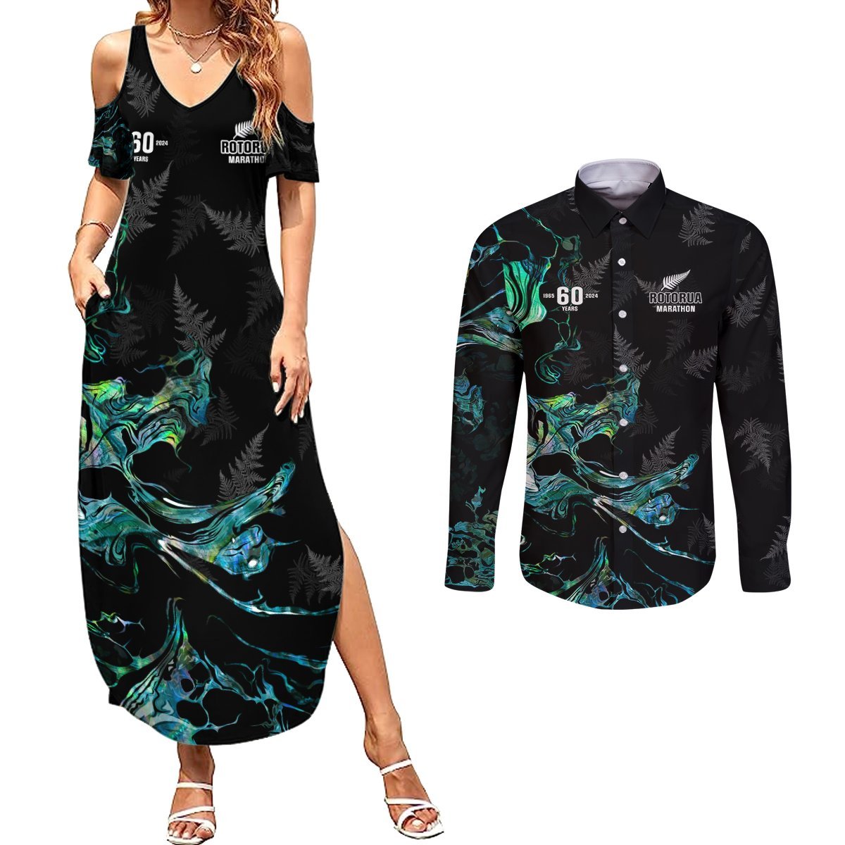 New Zealand Marathon Couples Matching Summer Maxi Dress and Long Sleeve Button Shirt Silver Fern Paua Shell Simple Style LT05 Black - Polynesian Pride