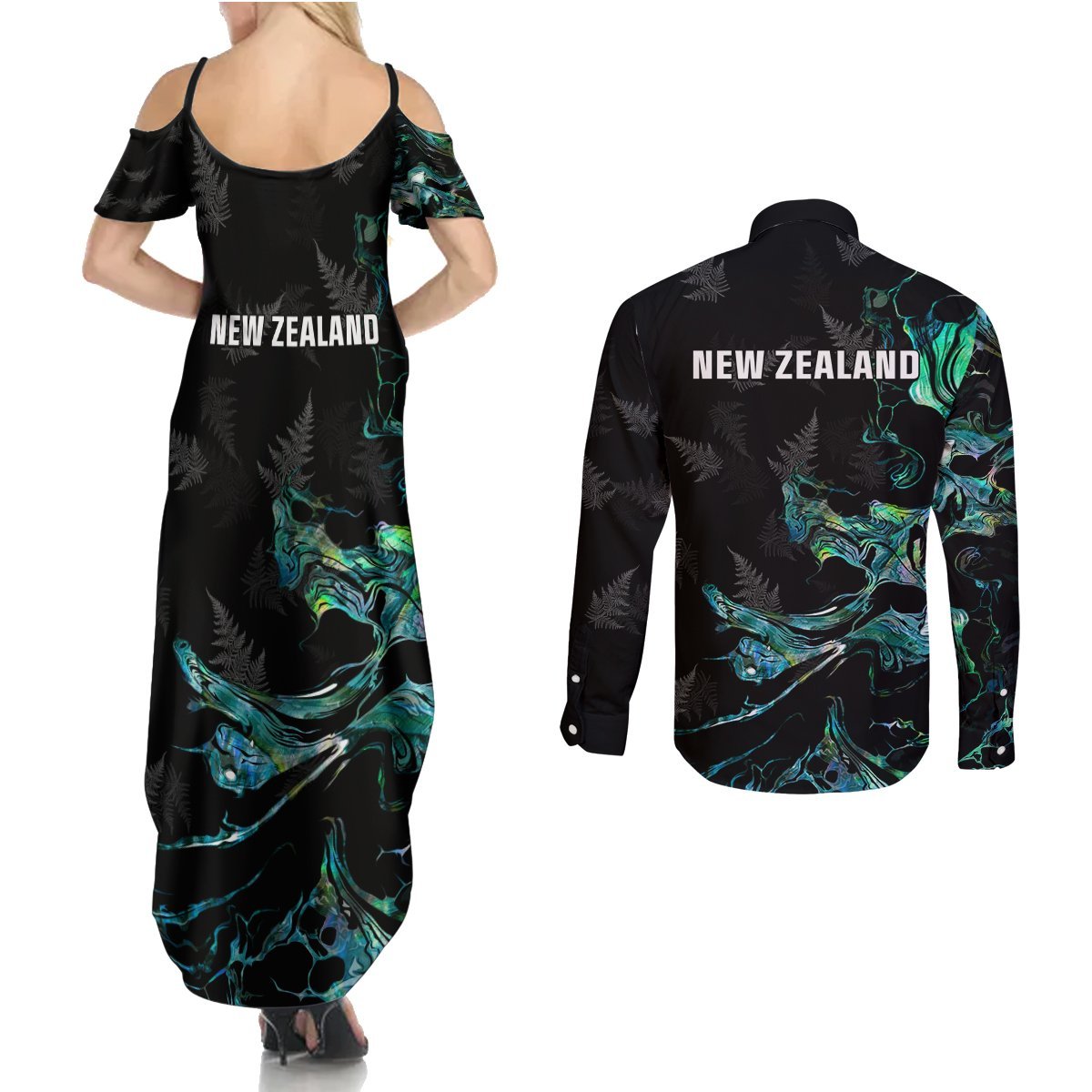 New Zealand Marathon Couples Matching Summer Maxi Dress and Long Sleeve Button Shirt Silver Fern Paua Shell Simple Style LT05 - Polynesian Pride