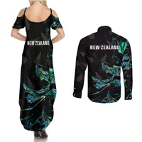 New Zealand Marathon Couples Matching Summer Maxi Dress and Long Sleeve Button Shirt Silver Fern Paua Shell Simple Style LT05 - Polynesian Pride