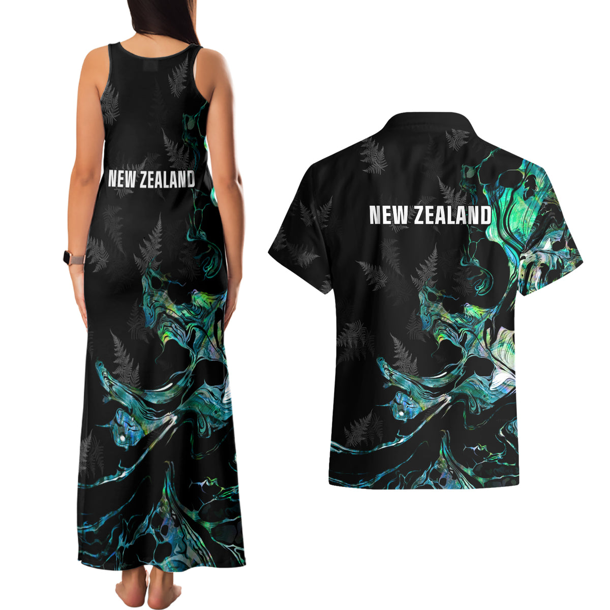New Zealand Marathon Couples Matching Tank Maxi Dress and Hawaiian Shirt Silver Fern Paua Shell Simple Style LT05 - Polynesian Pride