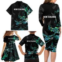 New Zealand Marathon Family Matching Long Sleeve Bodycon Dress and Hawaiian Shirt Silver Fern Paua Shell Simple Style LT05 - Polynesian Pride